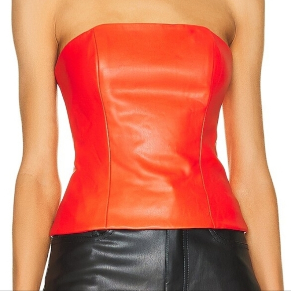STAUD Tracing Faux Vegan Leather Bustier Strapless Top in Reddish Orange Size 0 - Picture 1 of 15